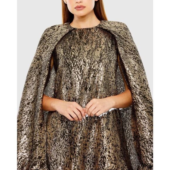 Mac Duggal NWT High Neck Cape Sleeve Metallic Trapeze Dress in Bronze Size S - Picture 2 of 9